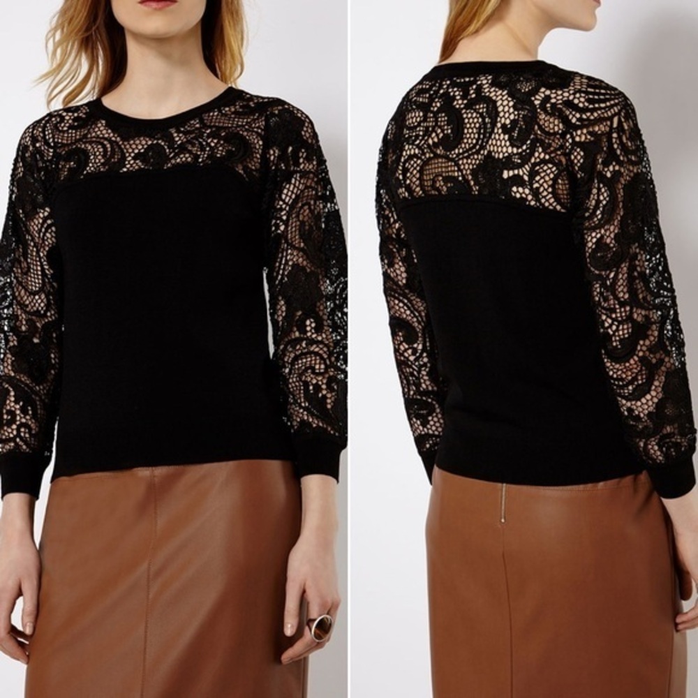 Karen Millen Black Lace Knit Long Sleeve Chic Classic Timeless Top